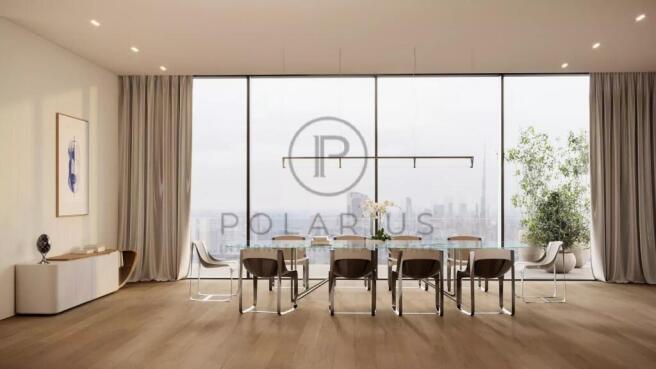 Spacious modern dining room with a large table, el