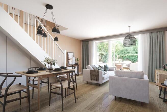 Open plan living, dining with french doors to the garden