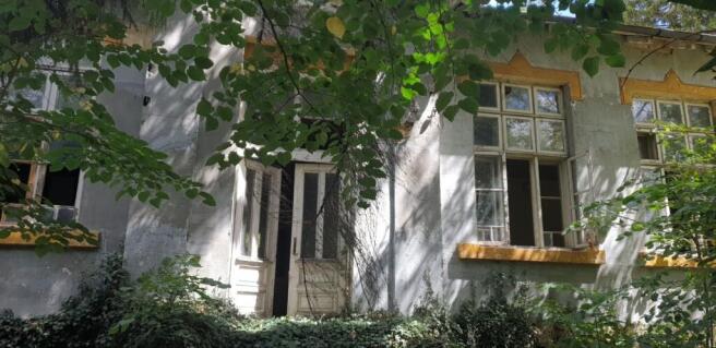 Front view of the old school showing windows and entrance behind foliage