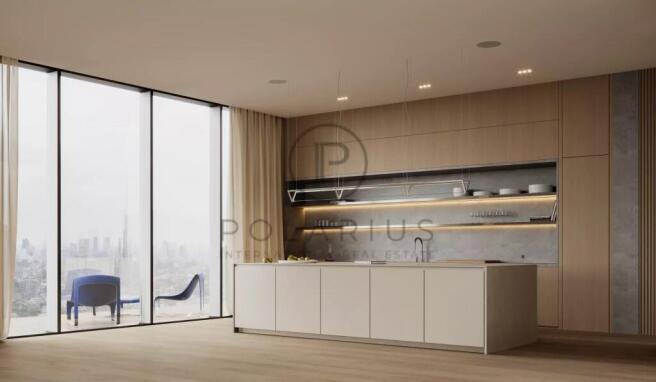 Modern kitchen with minimalist design, featuring a