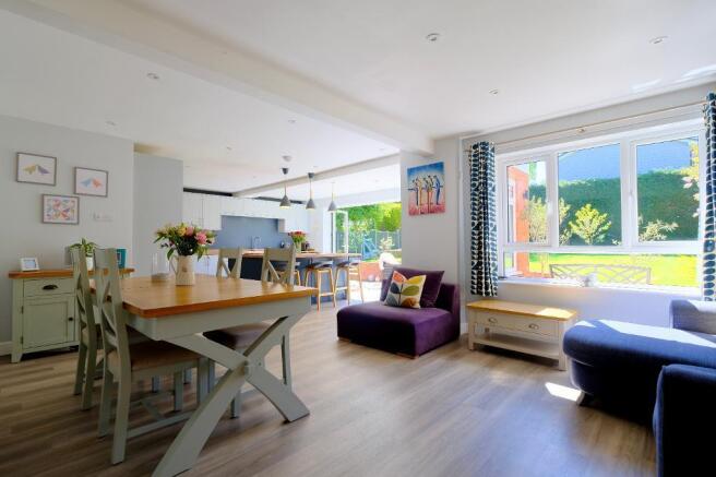 Dining area, sofa area and kitchen