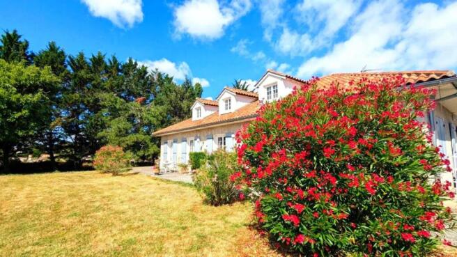 Une maison avec un toit en tuiles entourée de verd