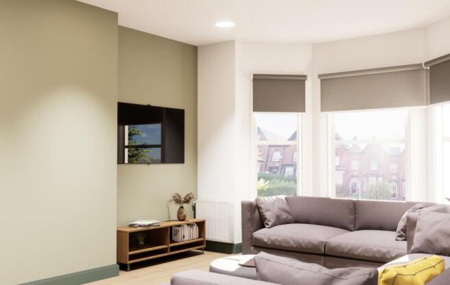 Bright lounge with bay windows and wall-mounted...