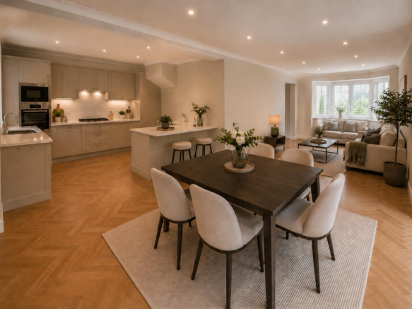 dining to kitchen and lounge staged