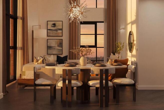 Dusk photo of lounge in the background and dining table in the forground