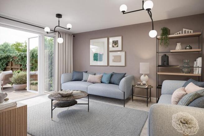 French doors flood the living room with light