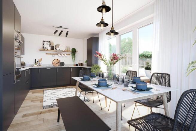 A bright open kitchen dining room gives you space to entertain