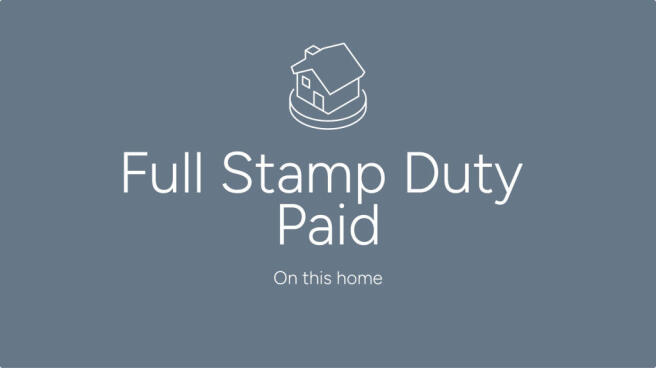 A white outline of a house sits above the text "Full Stamp Duty Paid" on a muted blue background.