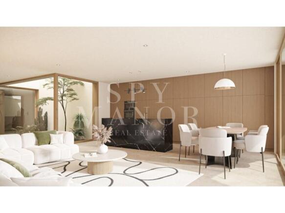 Elegant open-plan living and dining area with contemporary interior design and stylish furniture inside Casa Loko villa project, Lagoa Algarve.