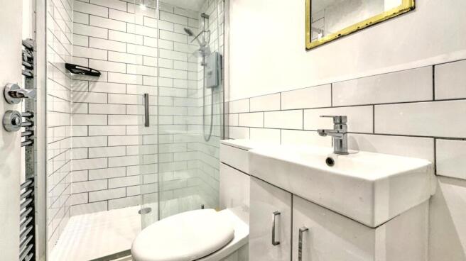 Modern bathroom with stylish subway tiles...