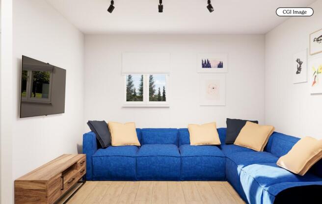 Bright modern lounge with blue corner sofa...