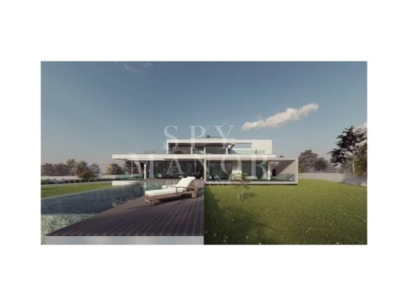 Render of a luxury villa in Carvoeiro, Algarve, featuring contemporary architecture, a large private swimming pool, sun lounger, spacious green lawn, and expansive terraces.
