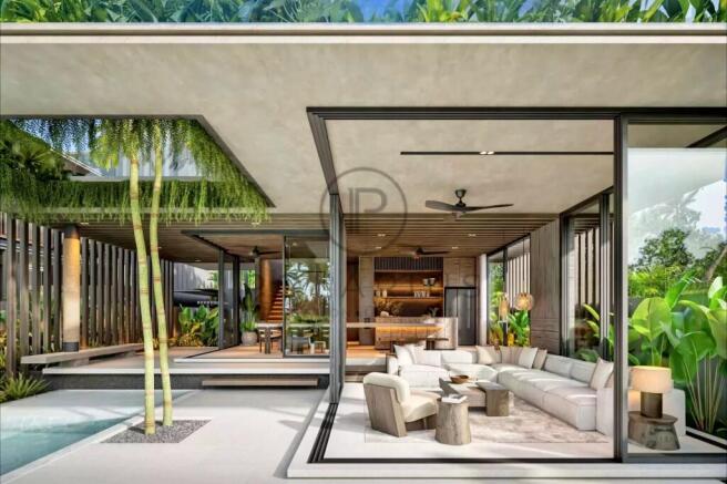 A modern, open-concept living space features large