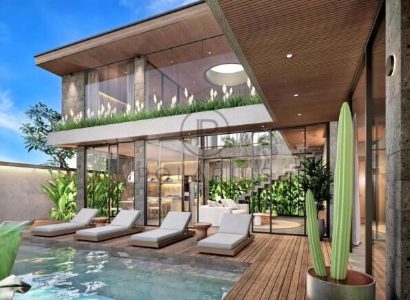 Modern luxury villa with large windows, multiple l