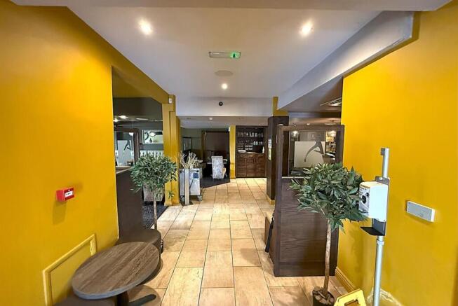 Bright communal lounge with dining and plants...