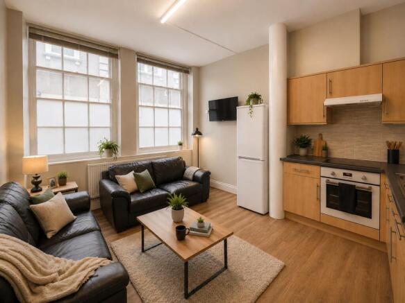 Bright open-plan living area with large windows...