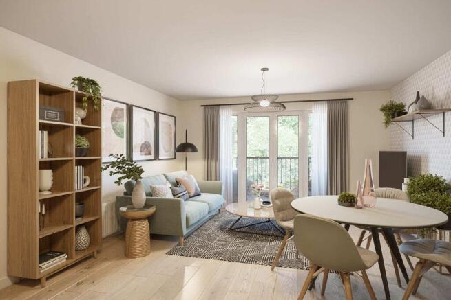 Sociable open plan living dining area with doors out to the balcony