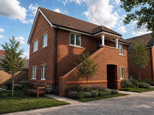 A modern brick house with a porch and a bench in the foreground sits under a cloudy blue sky.