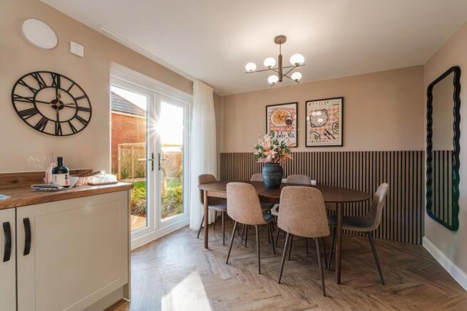 Interior view of the open plan kitchen & dining in our 3 bed Ellerton home