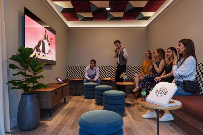 Modern communal lounge with comfortable pattern...