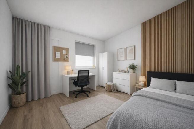 Bright bedroom with study desk and stylish deco...