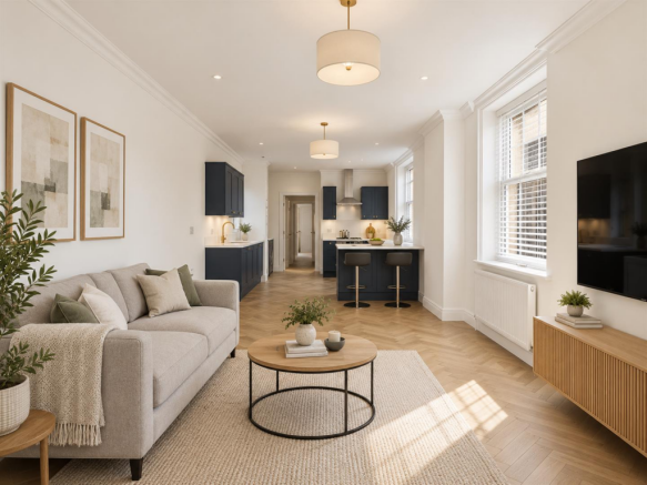 Elegant living room with navy kitchen.png