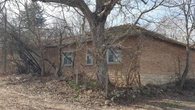 Exterior view of a brick house with a stone foundation and leafless trees in front
