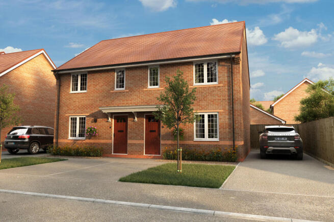 Two modern brick semi-detached houses with cars parked in their driveways are set against a backdrop