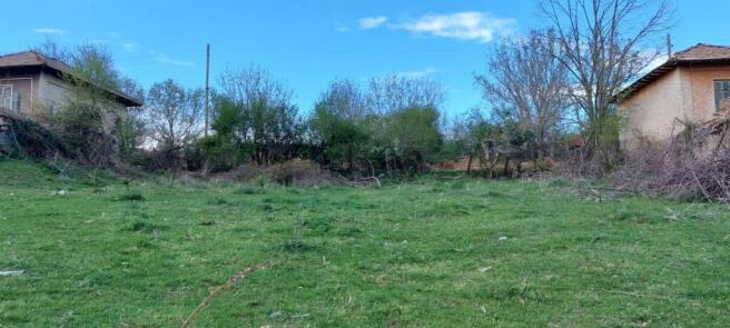 An open grassy area bordered by trees and old houses with tiled roofs on either side.