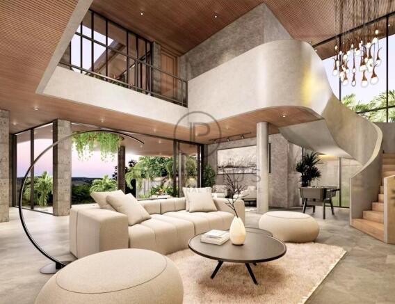 A modern living room with a spacious, open layout