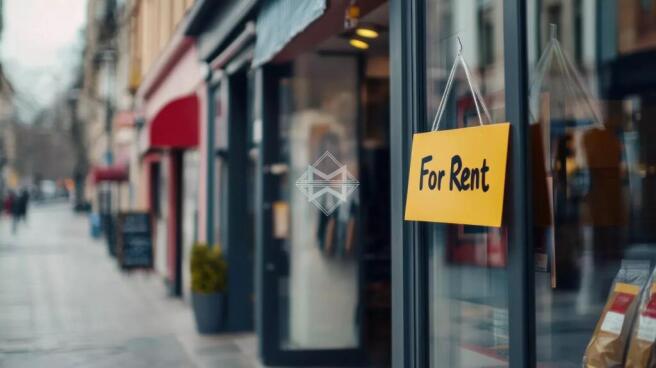 A bright yellow for rent sign hangs in the window