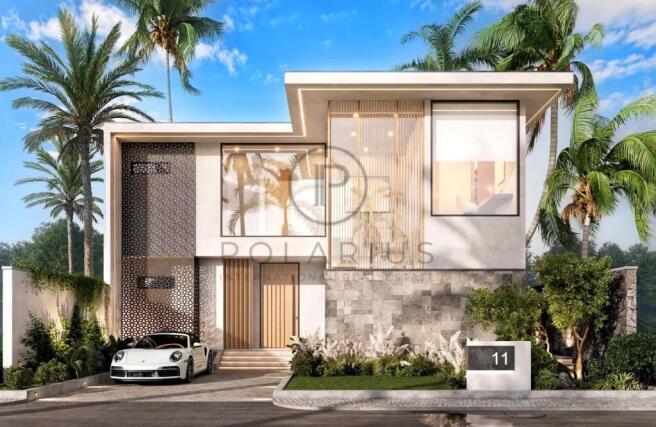 Modern two-story house with large windows, surroun