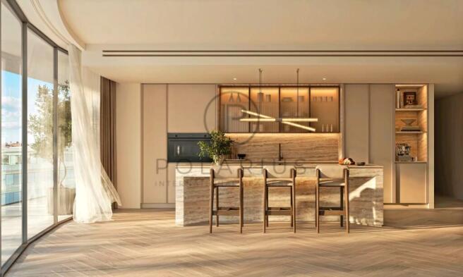 A modern kitchen with sleek design features a cent