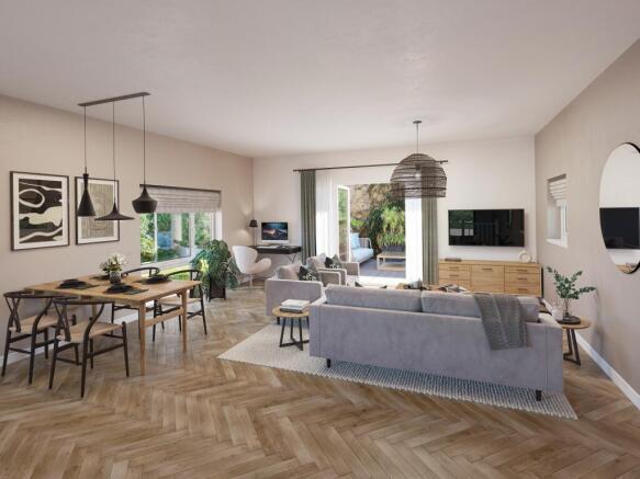 Open plan kitchen diner and lounge space with french doors