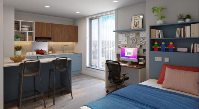 Bright, stylish studio room with a well-equippe...
