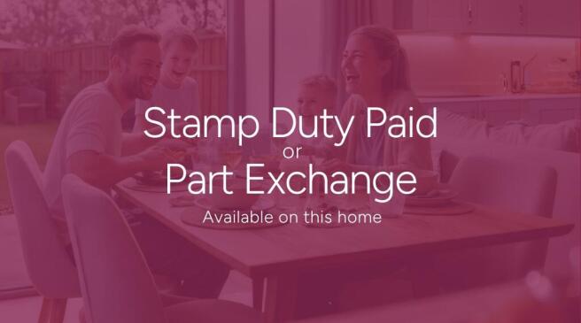 A house icon with a pound sign is centered above the text "Stamp Duty or Part Exchange" on a deep pi