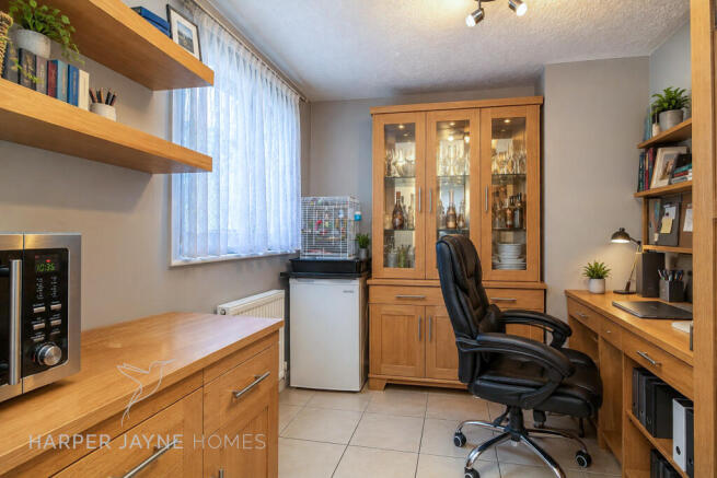 Organised Oak Home Office with Warm Lighting
