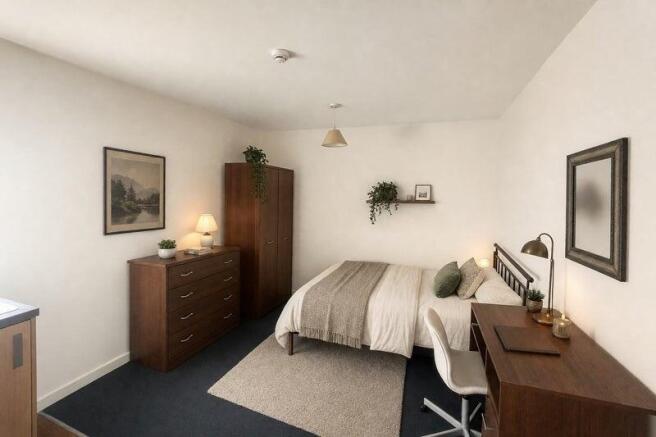 Bright, stylish bedroom with dedicated desk are...