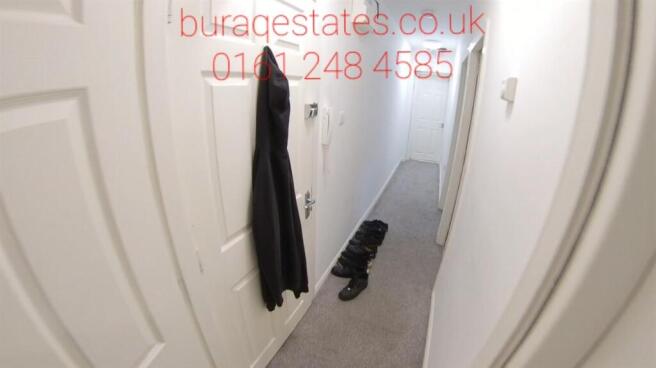 Narrow carpeted hallway with white doors and ne...