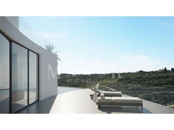Modern outdoor terrace rendering with sun loungers, glass railings, and sweeping coastal views at a luxury villa in Vale de Lapa, Carvoeiro.