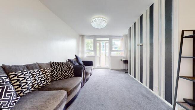 Bright living room with stylish feature wall...