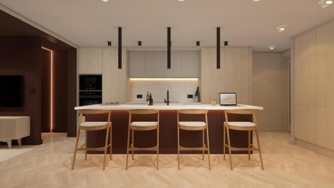 Sleek modern kitchen with breakfast bar island...