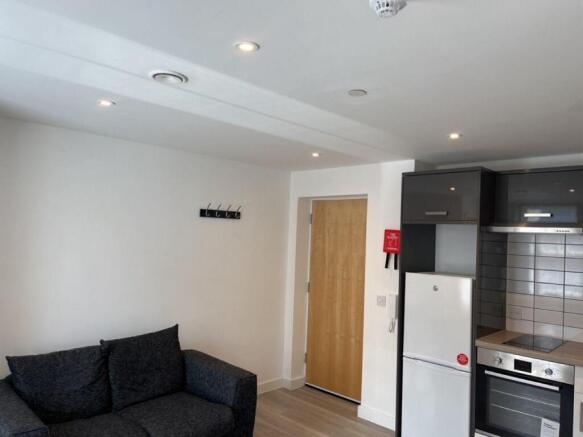 Bright studio living area with sofa and fitted ...