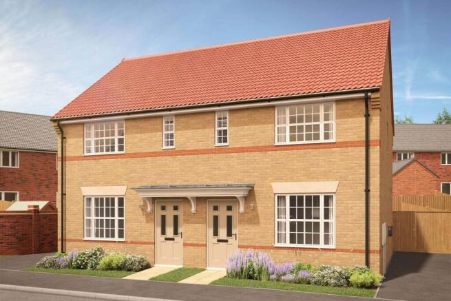 A modern beige brick semi-detached house with a red tiled roof stands in the foreground