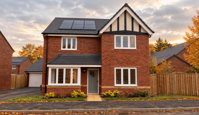 A modern two-story red brick house with solar panels stands before a backdrop of autumn trees and a