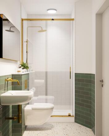 Modern bathroom with a glass-enclosed shower, w...