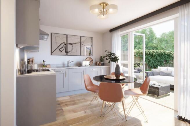 Kitchen and dining room in the 2 bedroom Kenley
