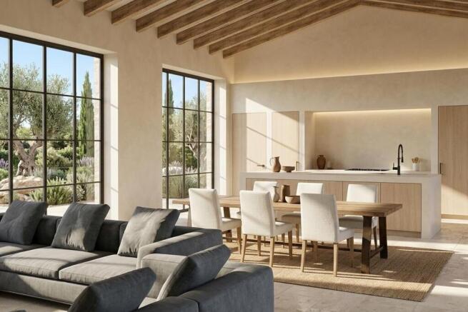 Rendering of the living area with open-plan kitchen