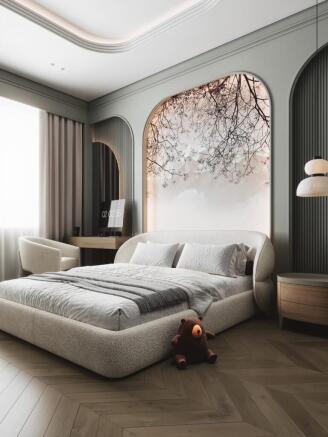 Elegant and modern bedroom featuring a plush do...