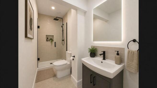 Modern bathroom with stylish matte black fixtur...